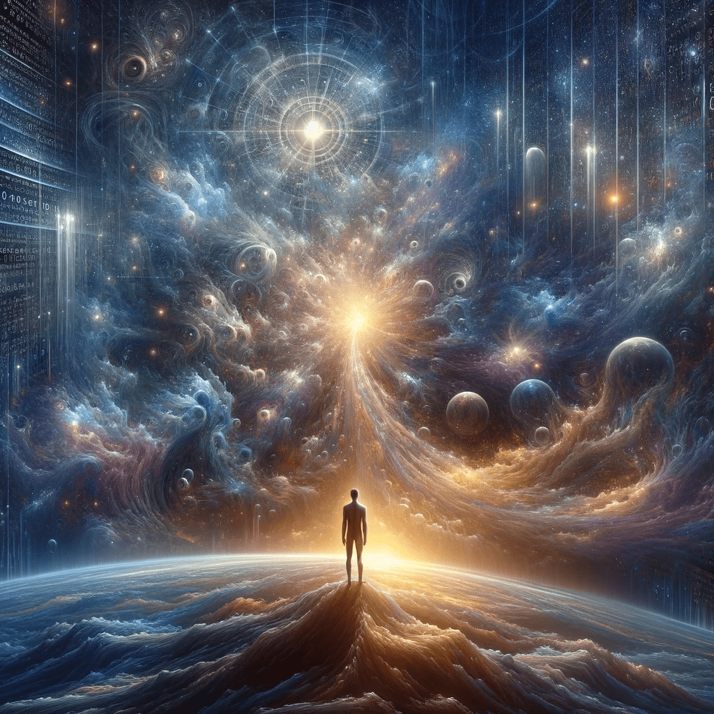 A surreal and philosophical representation of the interplay between human perception, reality, and the universe. The image should feature a human figure
